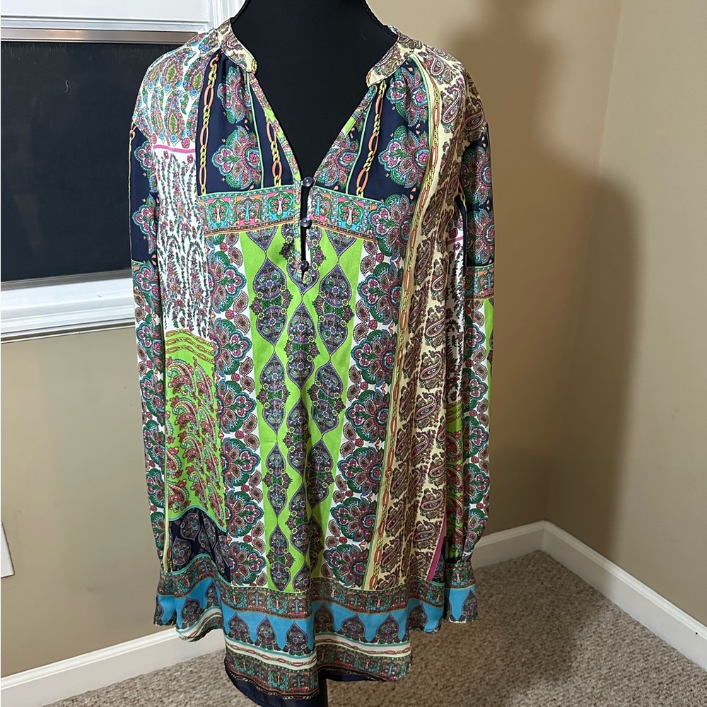 Liz Claiborne Womens XL Paisley Scarf Print Blouse Green Blue Long Sleeve Henley